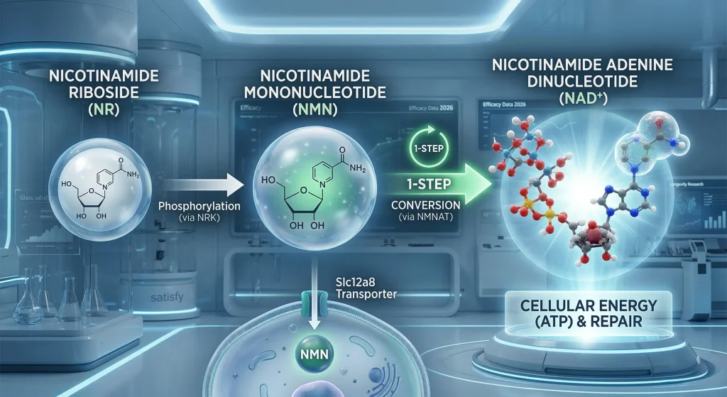 Comparison chart of NMN NR and NAD+ biochemical pathways and absorption steps