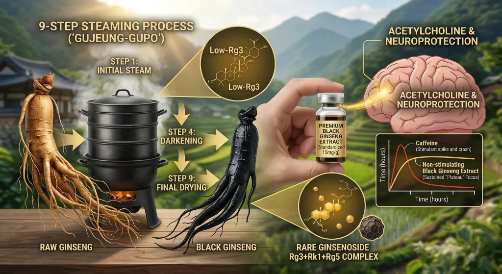 Infographic of 9-step steamed Black Ginseng Extract process showing rare ginsenoside Rg3 transformation for non-stimulating focus.