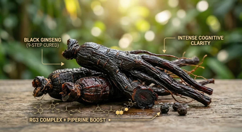 Close-up of premium 9-step cured Black Ginseng root with molecular structures of ginsenosides for intense cognitive clarity.
