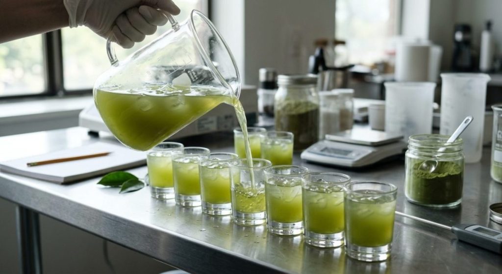 Instant green tea powder being mixed into a clear iced tea beverage for formulation testing