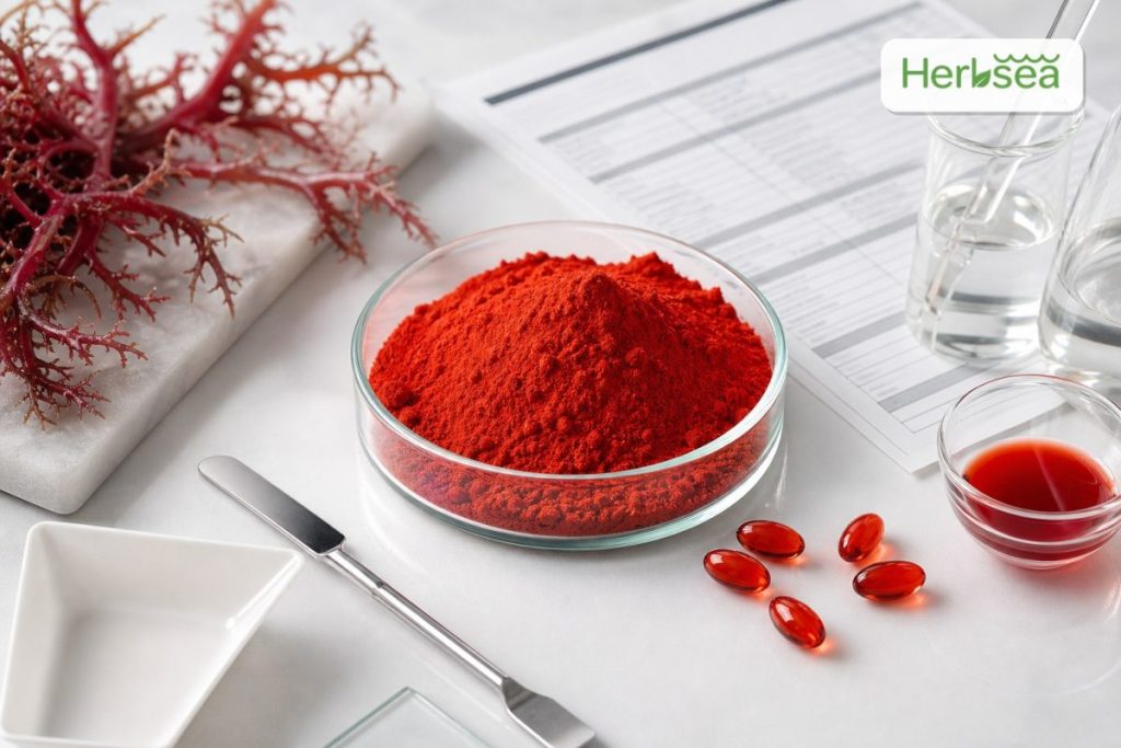 Astaxanthin red powder ingredient sample for cosmetic and supplement formulation sourcing