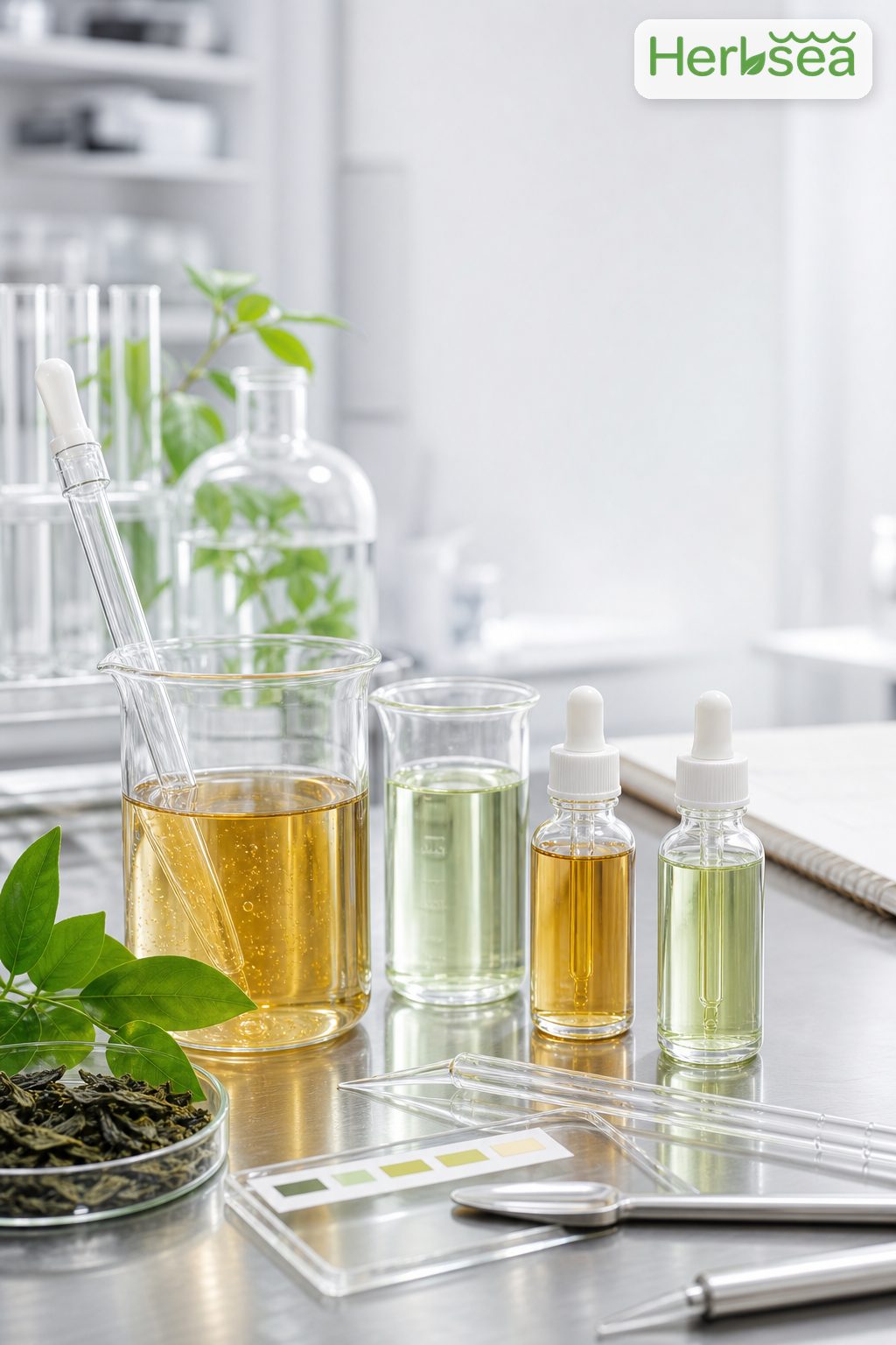 Green tea extract liquid lab sample evaluation for beverage formulation