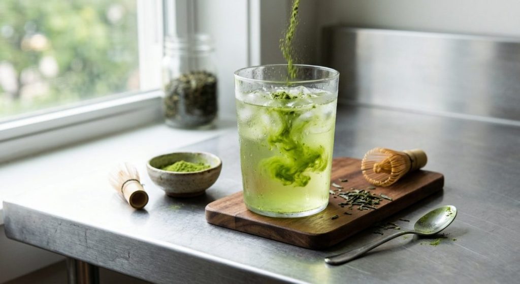 Instant green tea powder being mixed into a clear iced tea beverage for formulation testing