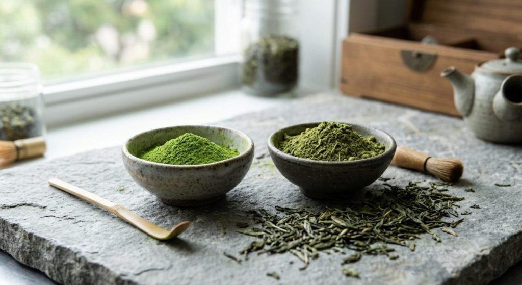 Instant green tea powder being blended into a creamy tea latte drink for dry mix formulation