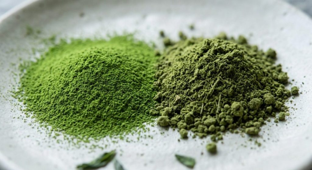 Instant green tea powder being blended into a creamy tea latte drink for dry mix formulation