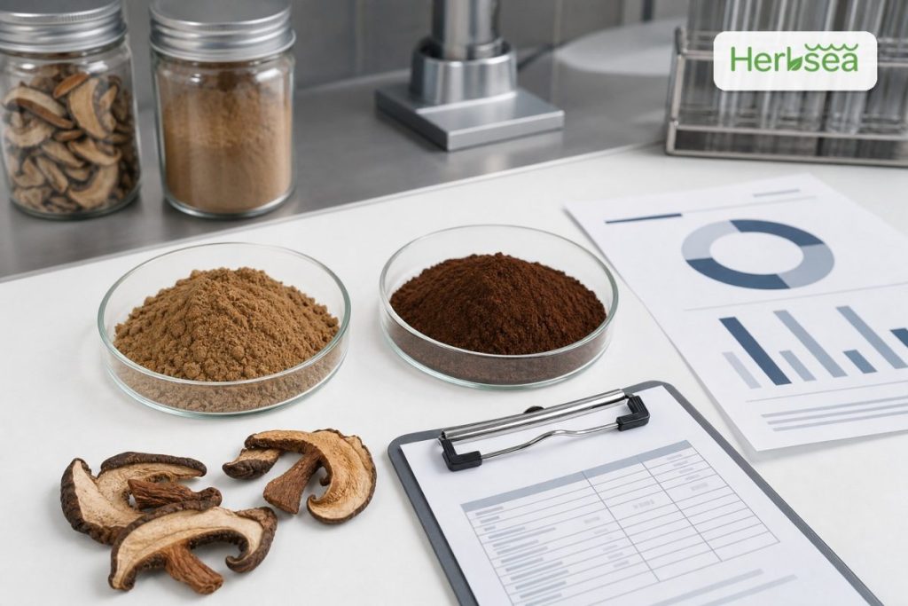 Mushroom extract and mushroom powder comparison for supplement manufacturing