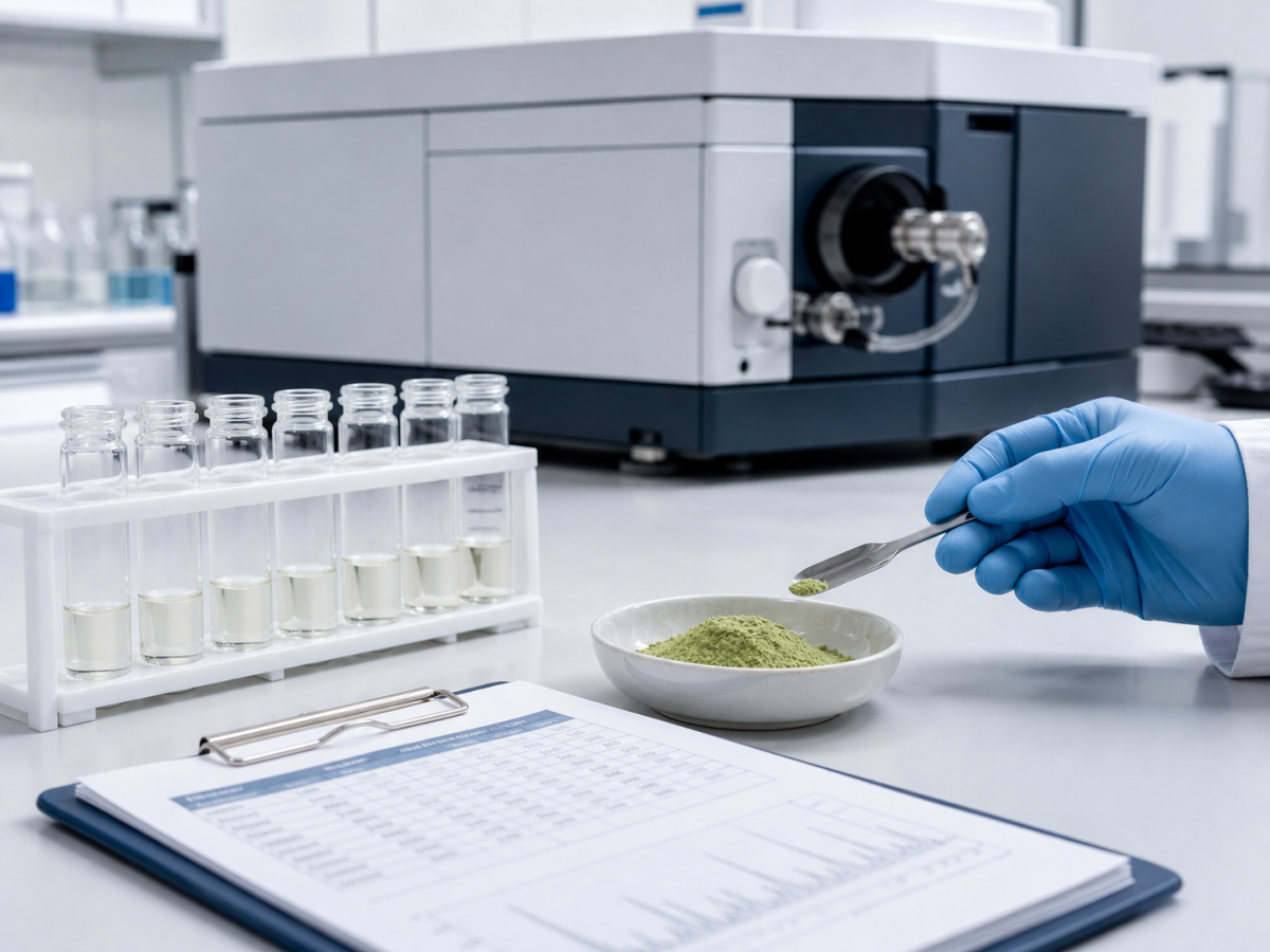 Quality-control laboratory scene with green tea extract powder sampled for ICP-MS heavy metals analysis
