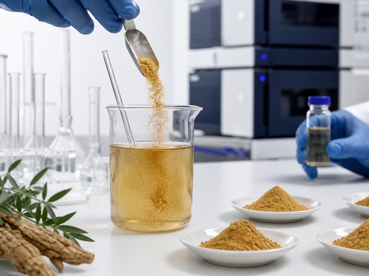 Hovenia dulcis extract powder being dispersed into a beaker of pale amber solution during a laboratory assay and solubility test
