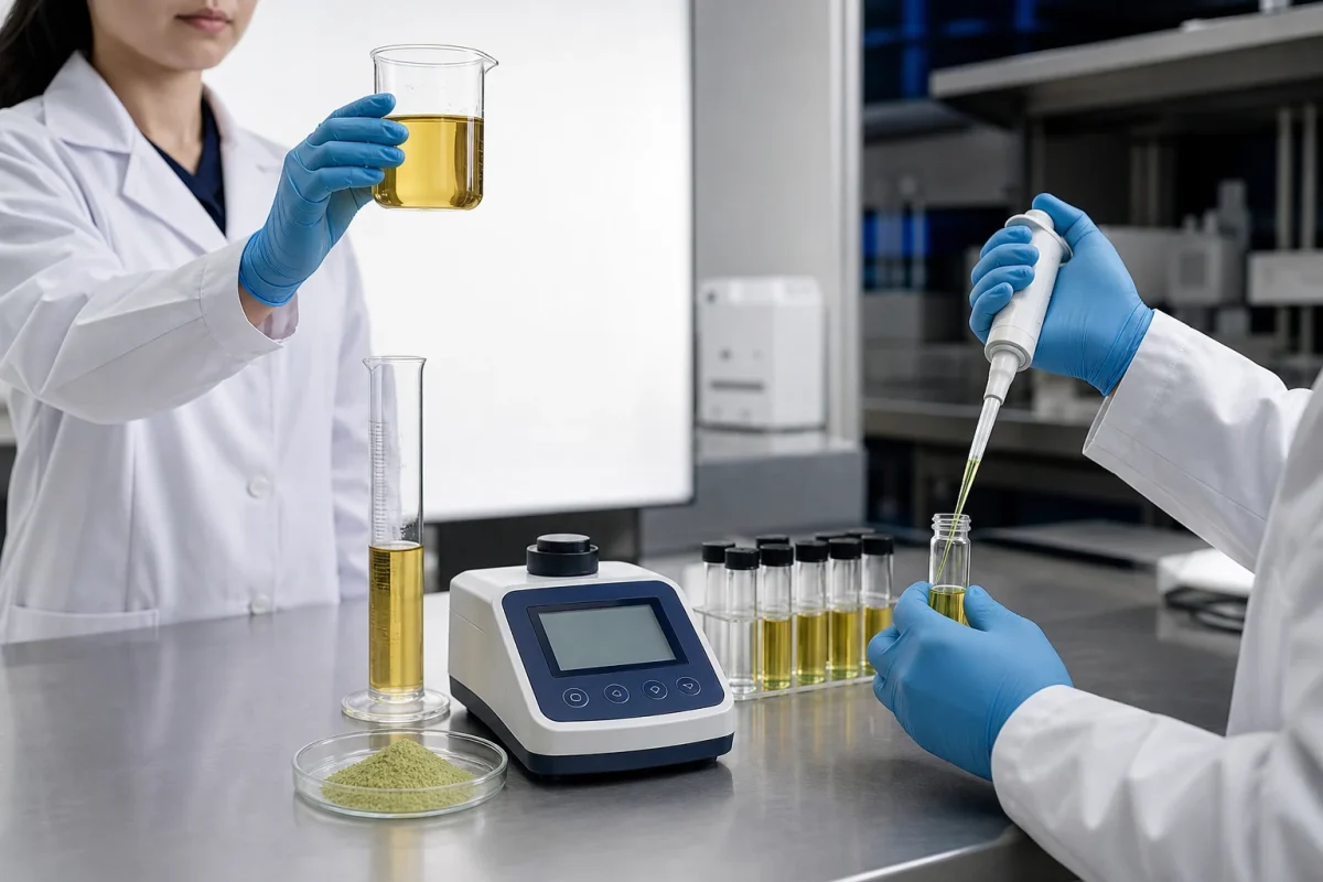 Laboratory solubility and clarity inspection of instant green tea powder for beverage formulation