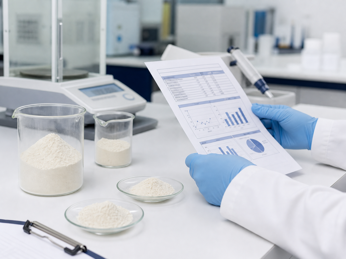 Quality-control laboratory review of an ingredient export COA and specification sheet with powder sample