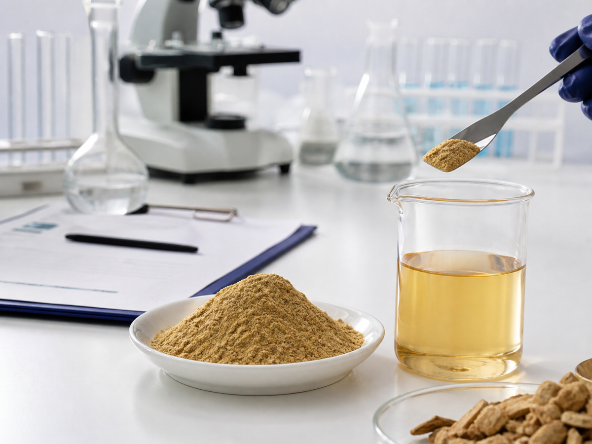 Quality-control technician checking a botanical powder sample against a specification sheet and COA in a laboratory