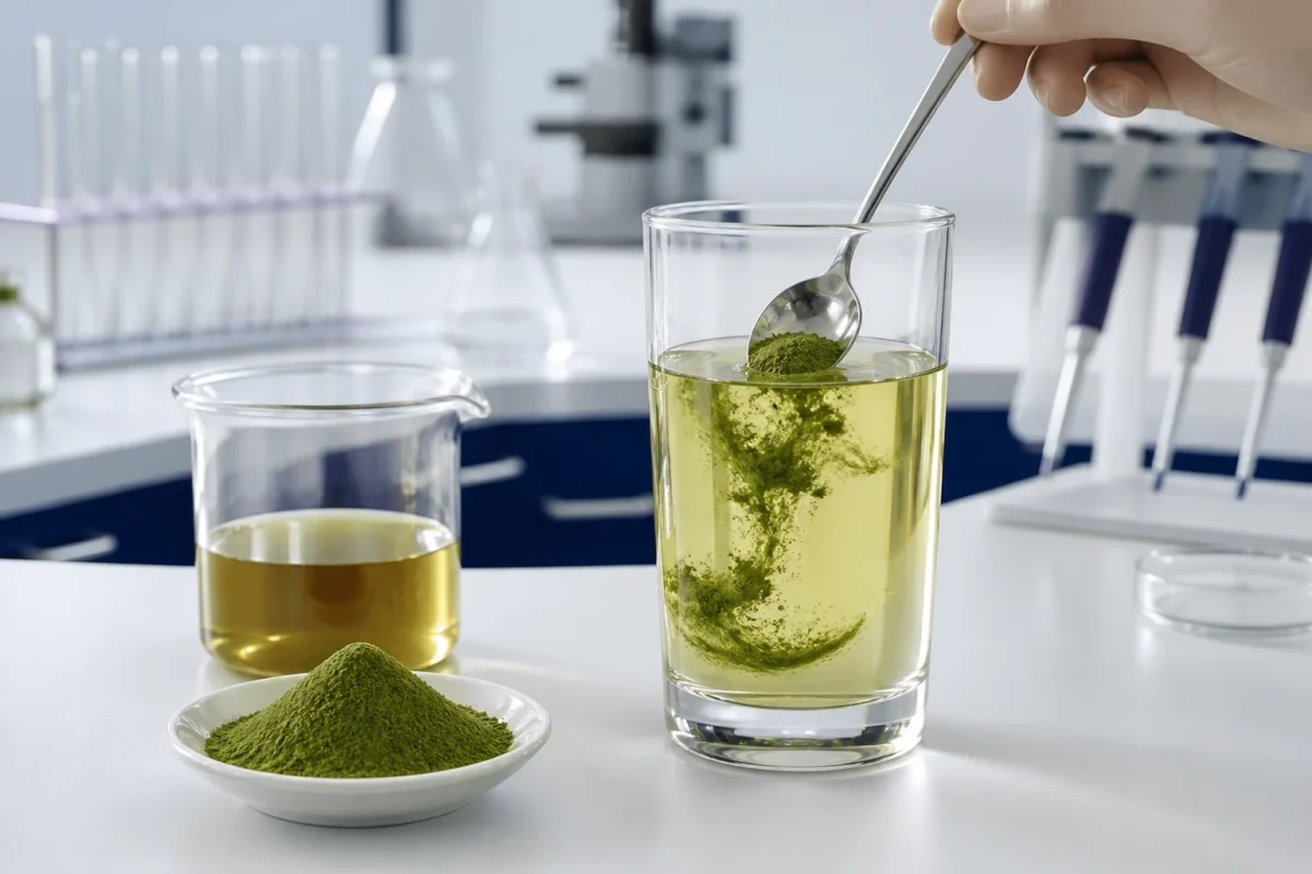 Laboratory solubility and dispersion test scene for instant green tea powder in clear glass beaker