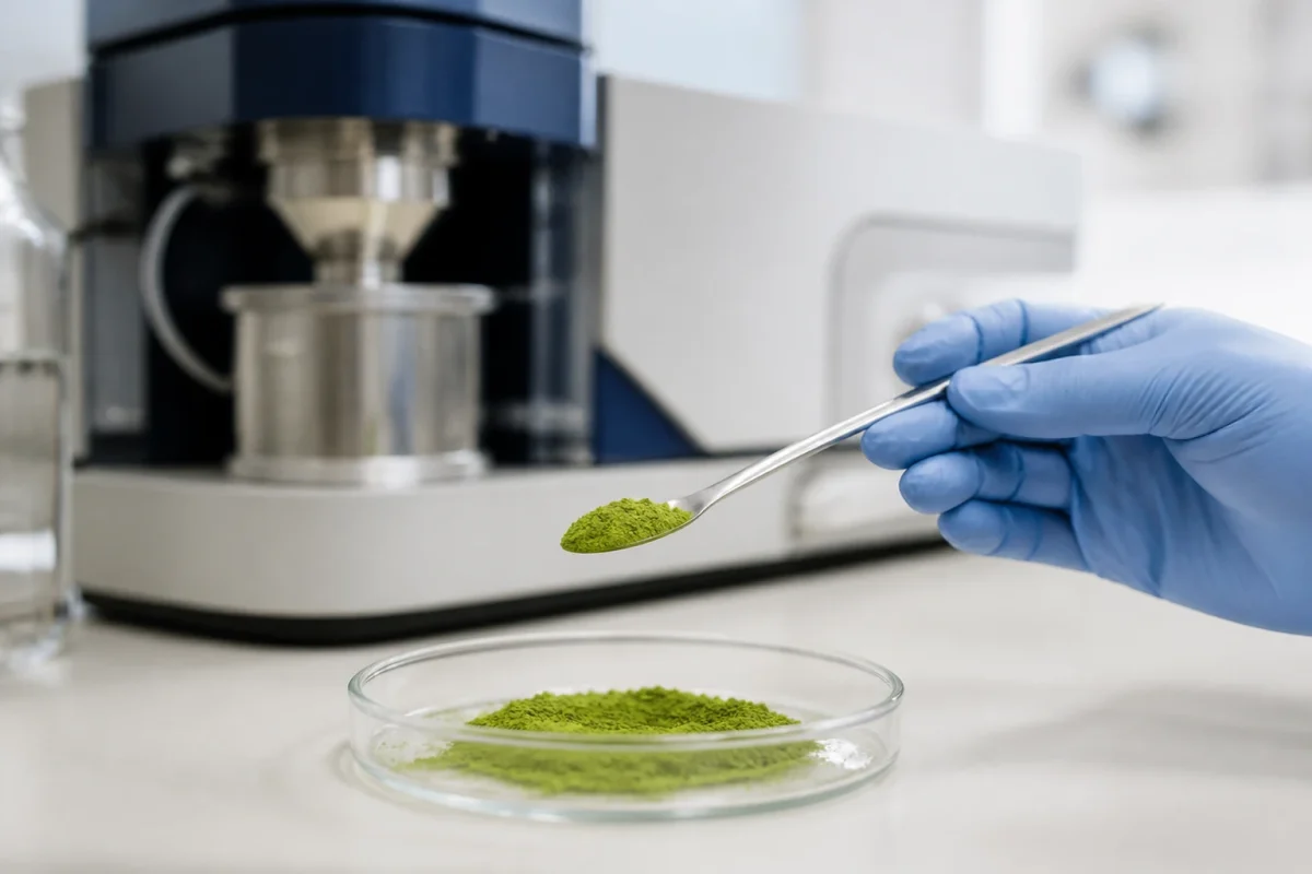 Laboratory testing scene with matcha powder sample being checked against COA parameters such as particle size and heavy metals