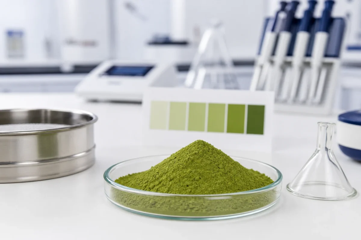 Matcha powder particle size and color testing in a laboratory
