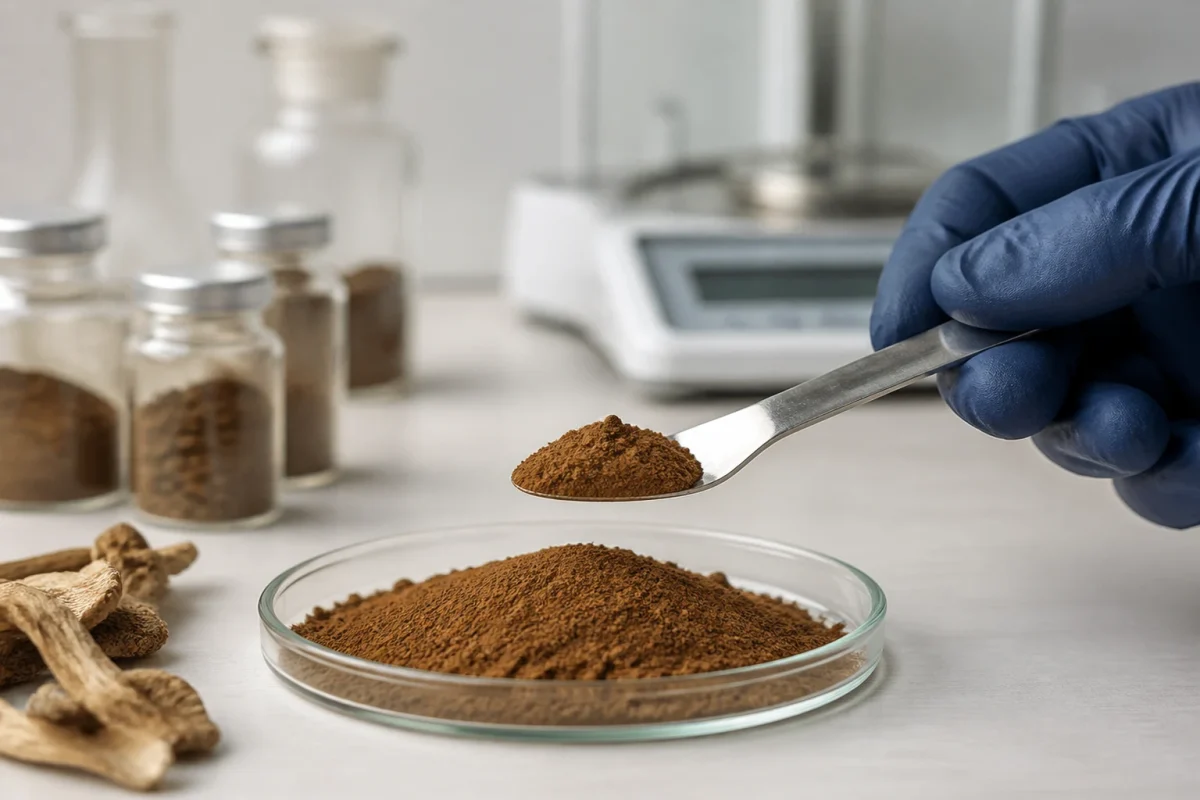 Laboratory testing of mushroom extract powder with analytical balance and assay vials for beta-glucan and marker verification