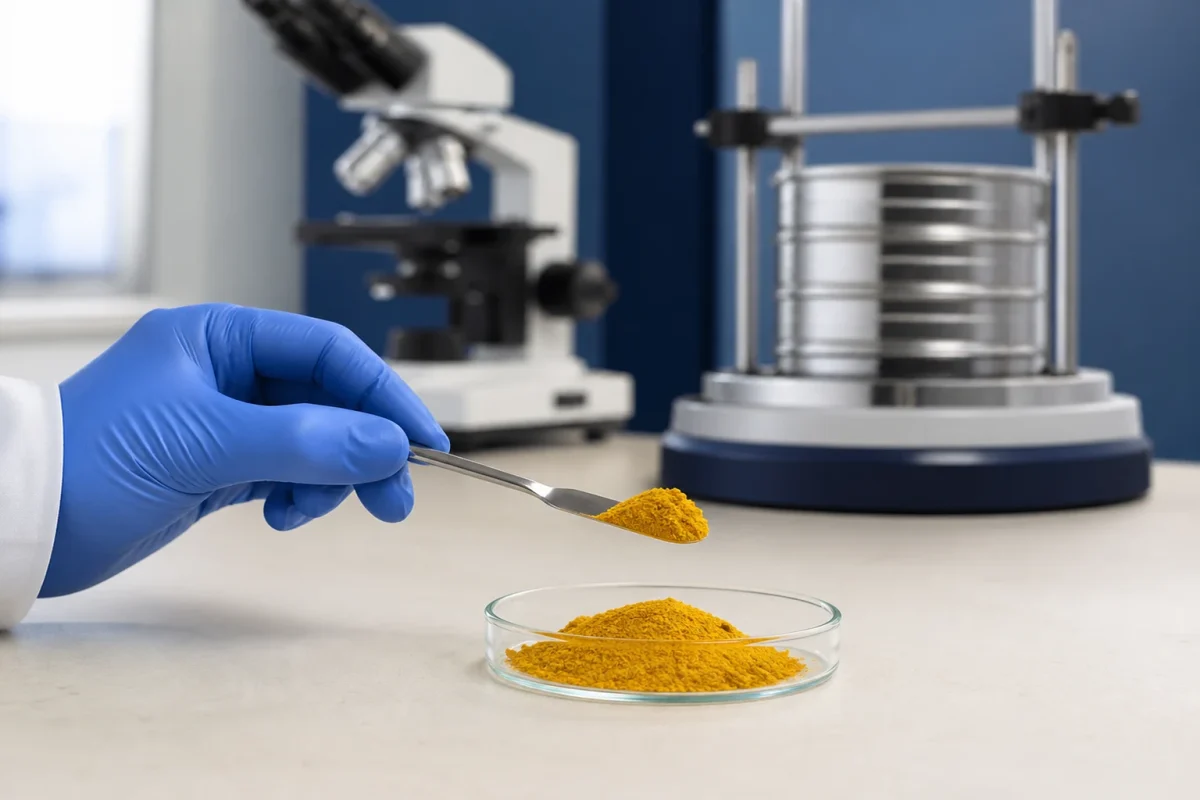 Laboratory quality-control testing of spice powder with spatula, petri dish and analytical instruments for COA microbiology and heavy metal verification