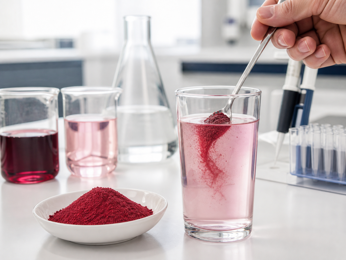 Fruit powder being stirred and dissolved in a beaker during a lab solubility and application test
