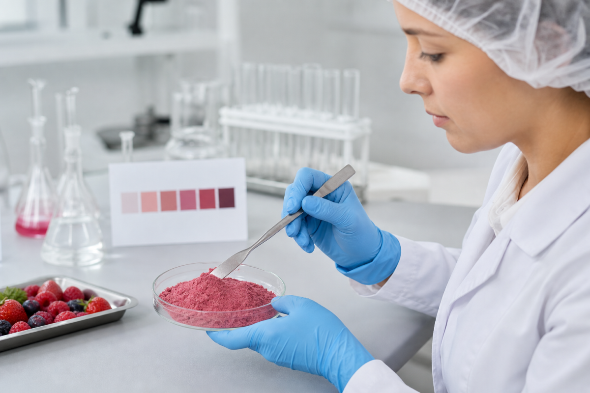 Quality-control technician checking a fruit powder sample against a color chart in a laboratory