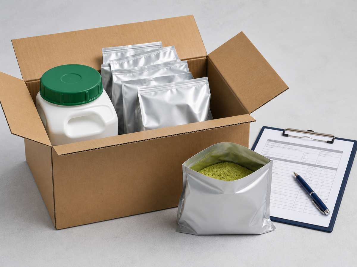 White HDPE drum and sealed foil sample bags of green tea extract with packing and shipping documents on a clipboard