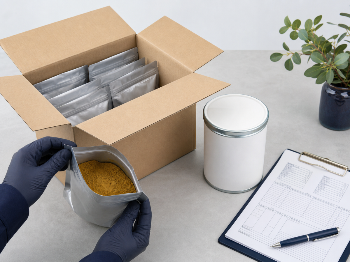 Foil sample bags of yellow-brown Hovenia dulcis extract powder packed in a carton with shipping documents and clipboard
