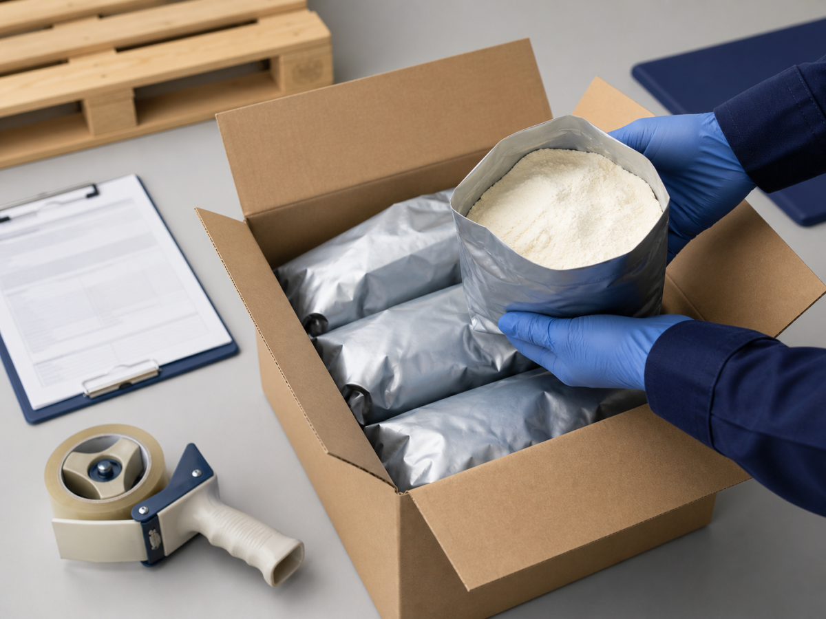 Export cartons with ingredient powder sample bags, packing list and shipping documents on a pallet