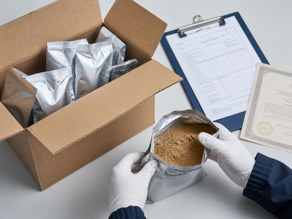 Sealed foil sample bags of botanical powder packed in a carton with a packing list and certificate document on a clipboard