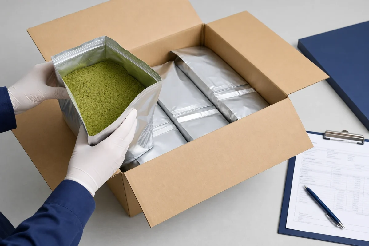 Bulk packing and export document package for instant green tea powder in carton with shipping papers