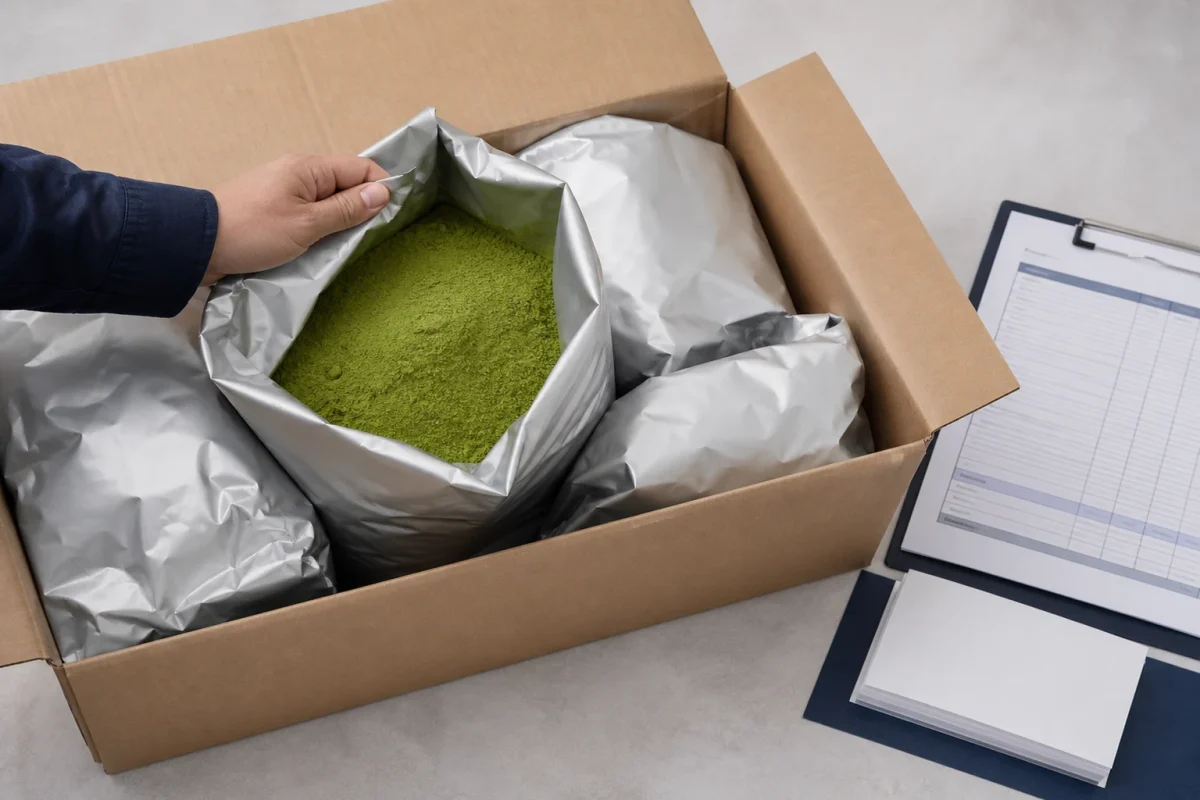 Bulk matcha powder foil bags packed for export with shipping documents