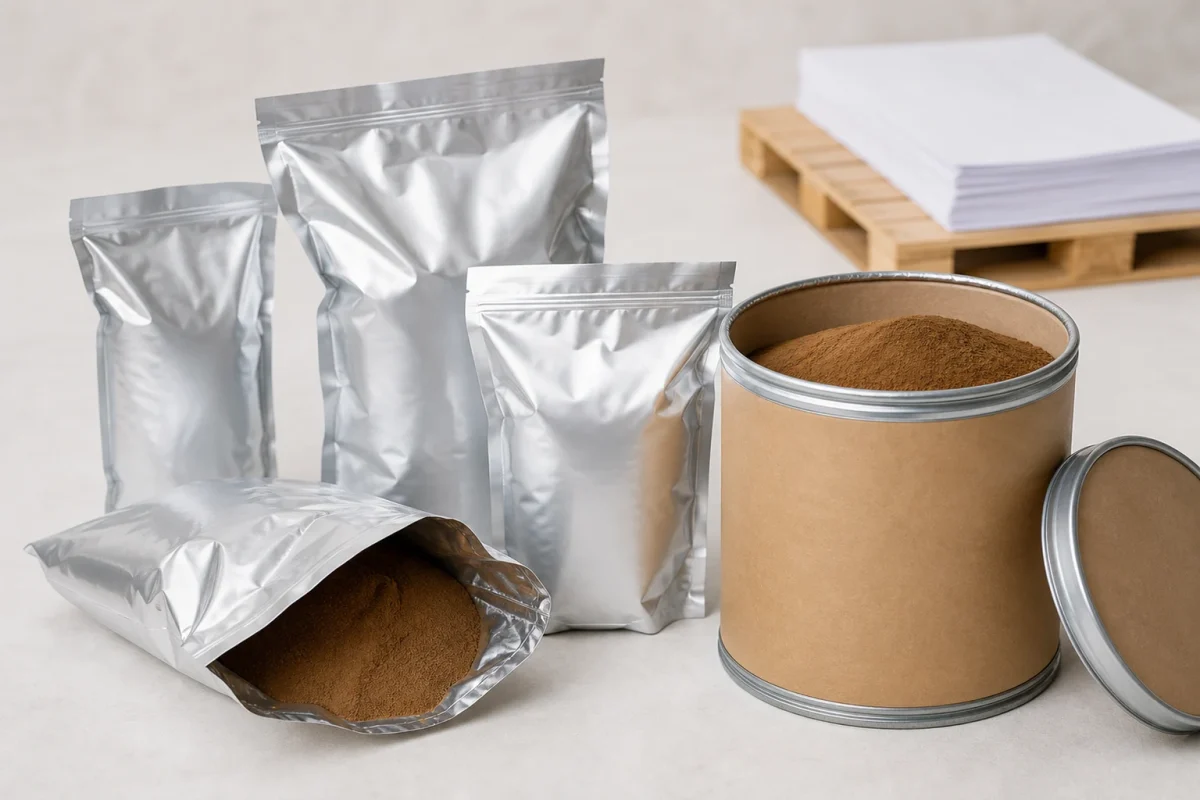 Bulk mushroom extract powder in sealed foil bags and fiber drums with export shipping documents for B2B orders