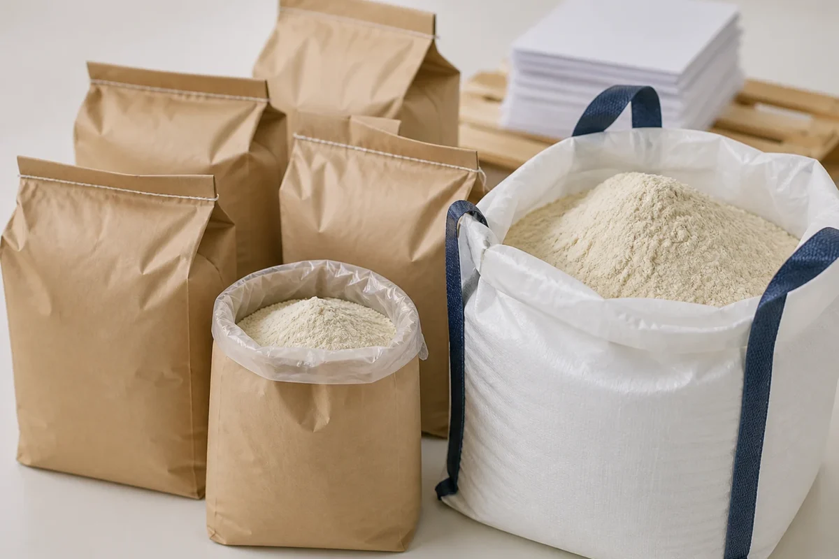 Bulk plant protein powder in kraft paper bags and a white super sack with export shipping documents