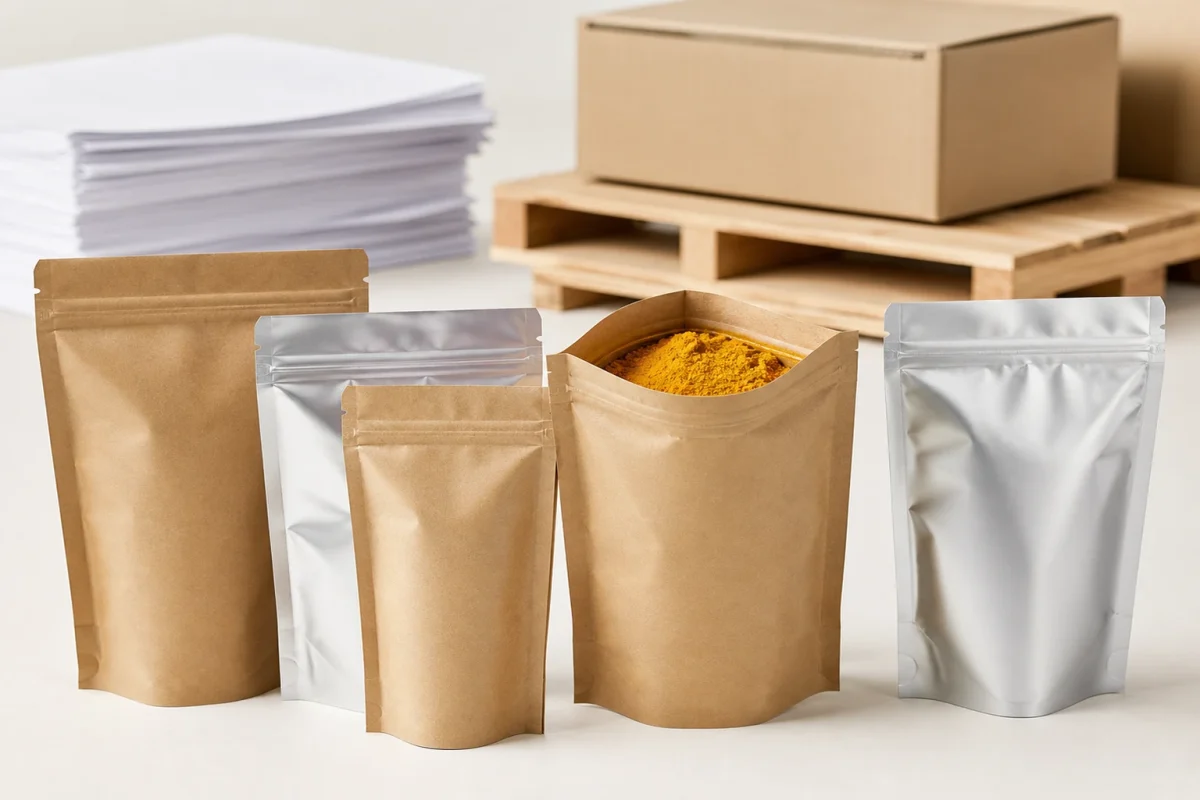 Bulk spice powder in sealed kraft and foil pouches with shipping documents and pallet for B2B export orders