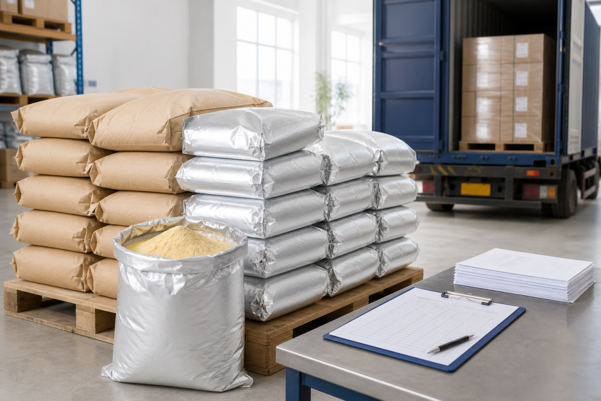 Stacks of foil and kraft bags of fruit powder on a pallet, with packing list and clipboard in the foreground