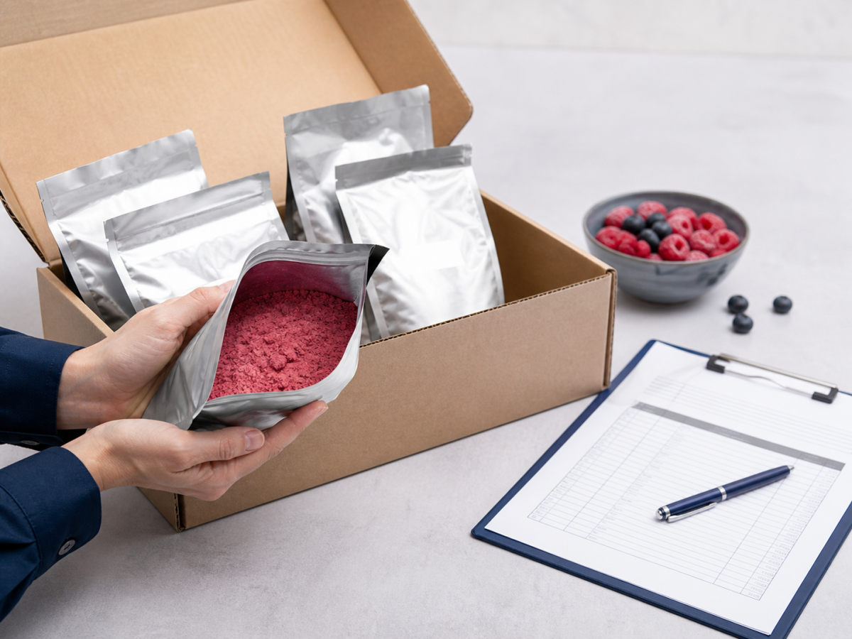 Foil sample bags of fruit powder packed in a carton with shipping documents and clipboard