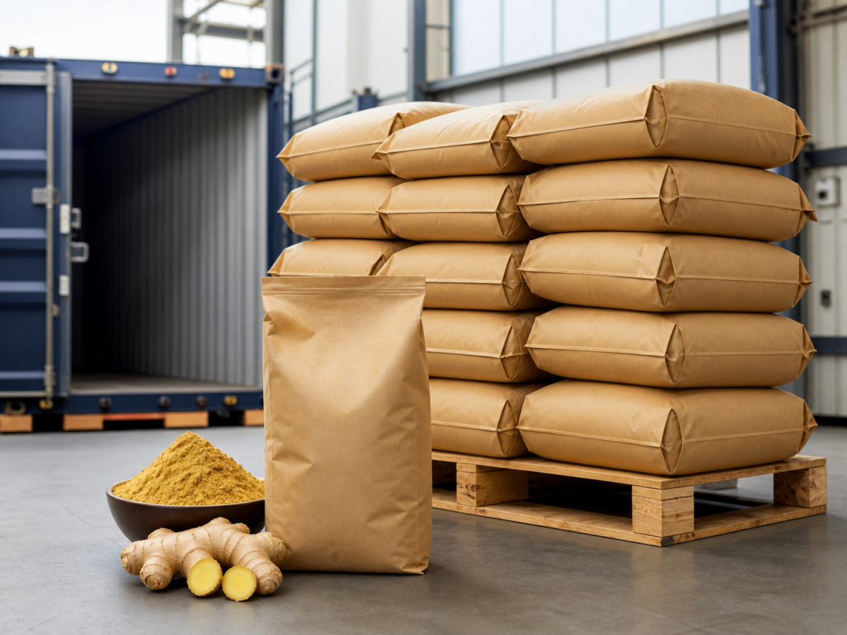 Foil sample bags of ginger powder packed in a carton with shipping documents and a checklist