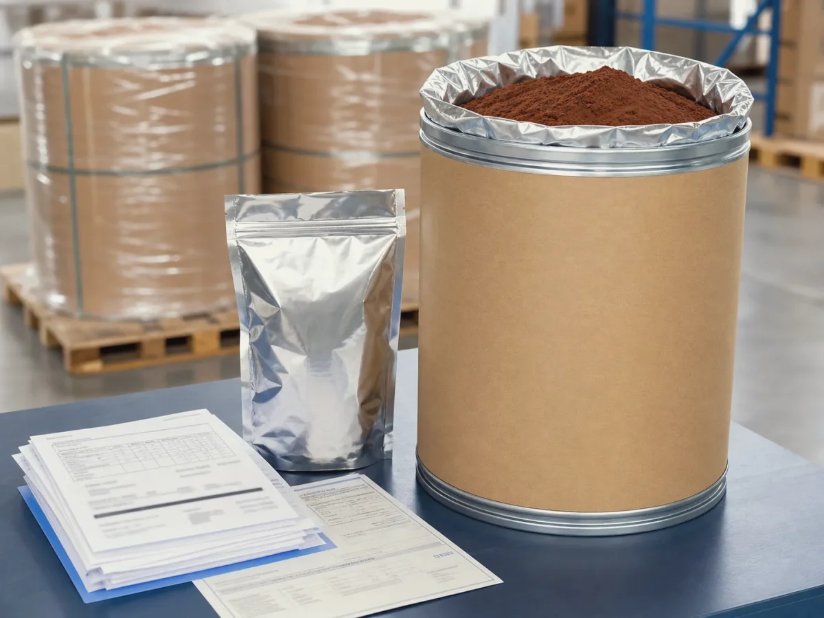 Bulk instant black tea powder packed in 25 kg export drums with shipping documents.