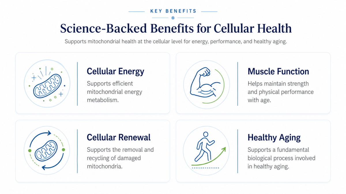 Urolithin A cellular energy muscle function cellular renewal and healthy aging infographic