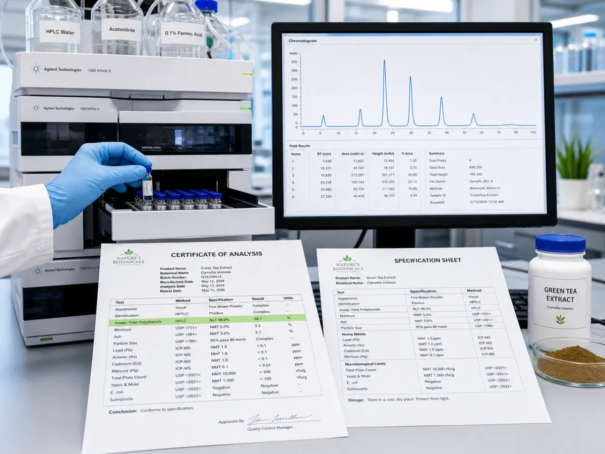 HPLC instrument with chromatogram fingerprint peak and printed COA report in an analytical laboratory