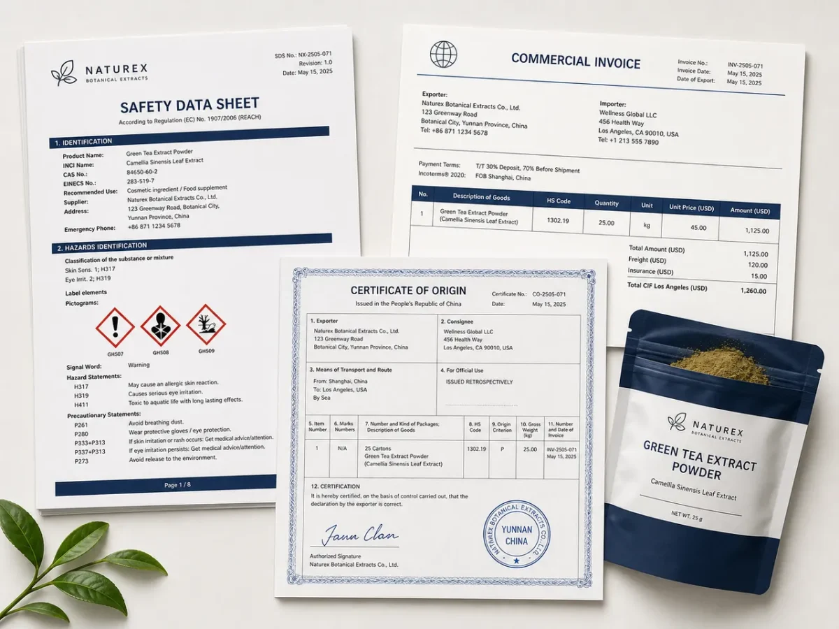 Flat-lay of export compliance documents: SDS with GHS symbols, commercial invoice, certificate of origin and botanical extract powder pouch