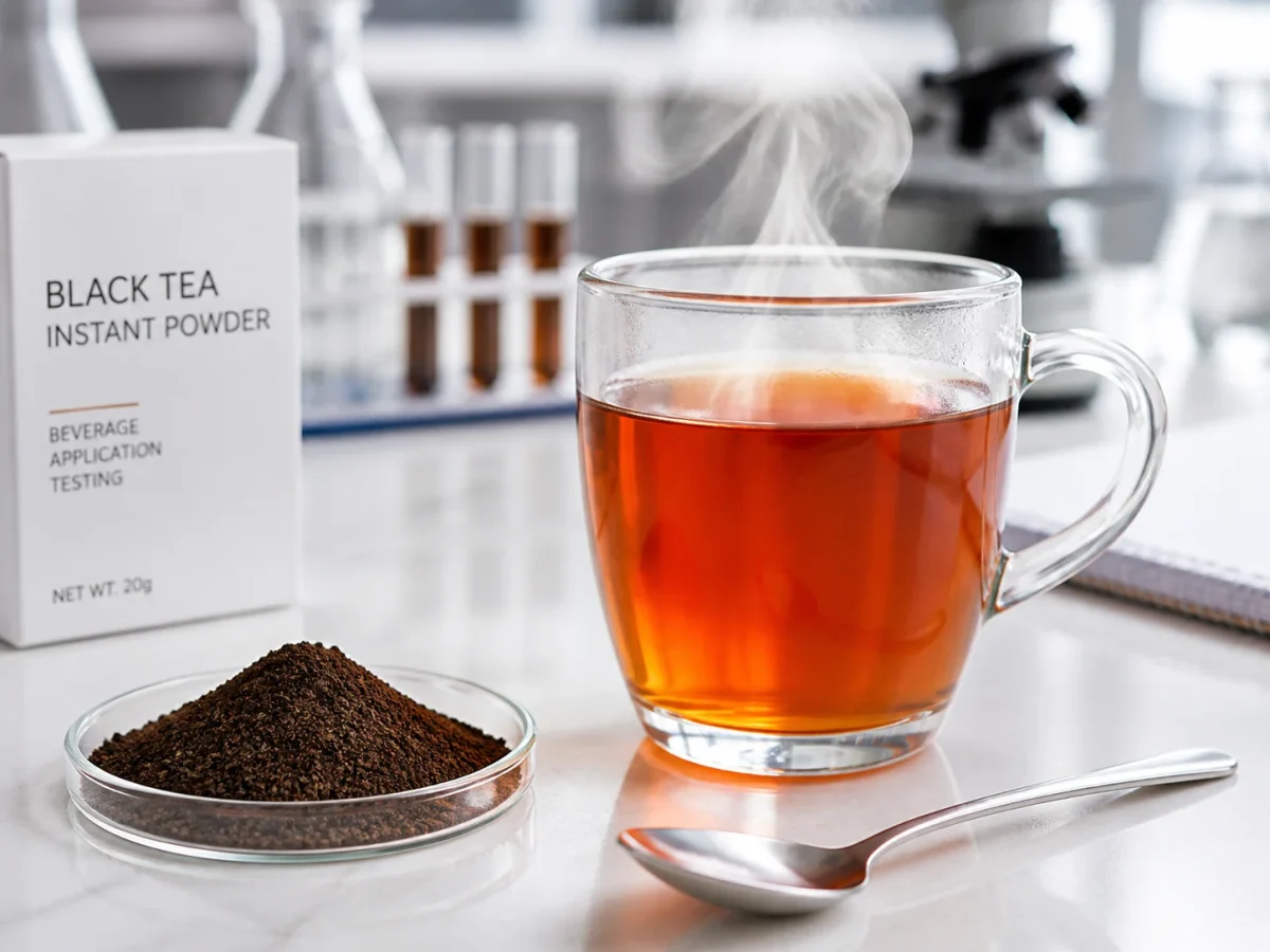 Glass cup of freshly brewed amber black tea with instant powder and packaging, beverage application testing