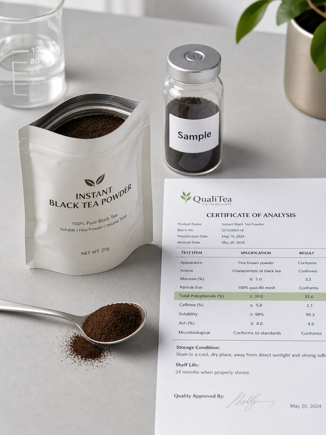 Kraft sample pouch with Black Tea Powder label, express shipping box, commercial invoice and HS code tag for international sample shipment