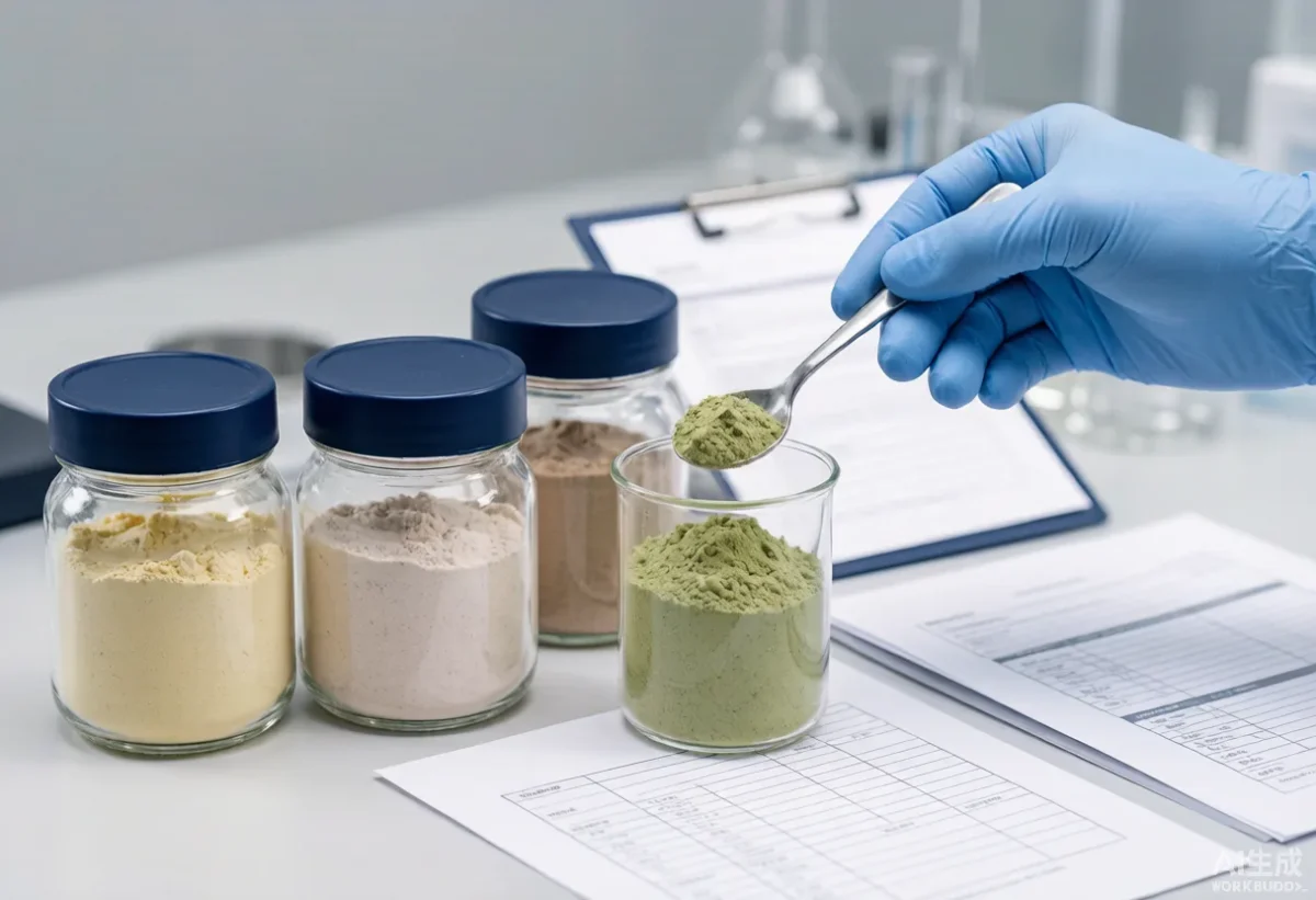 Lab scene with powder samples and COA documents for bulk ingredient quality control
