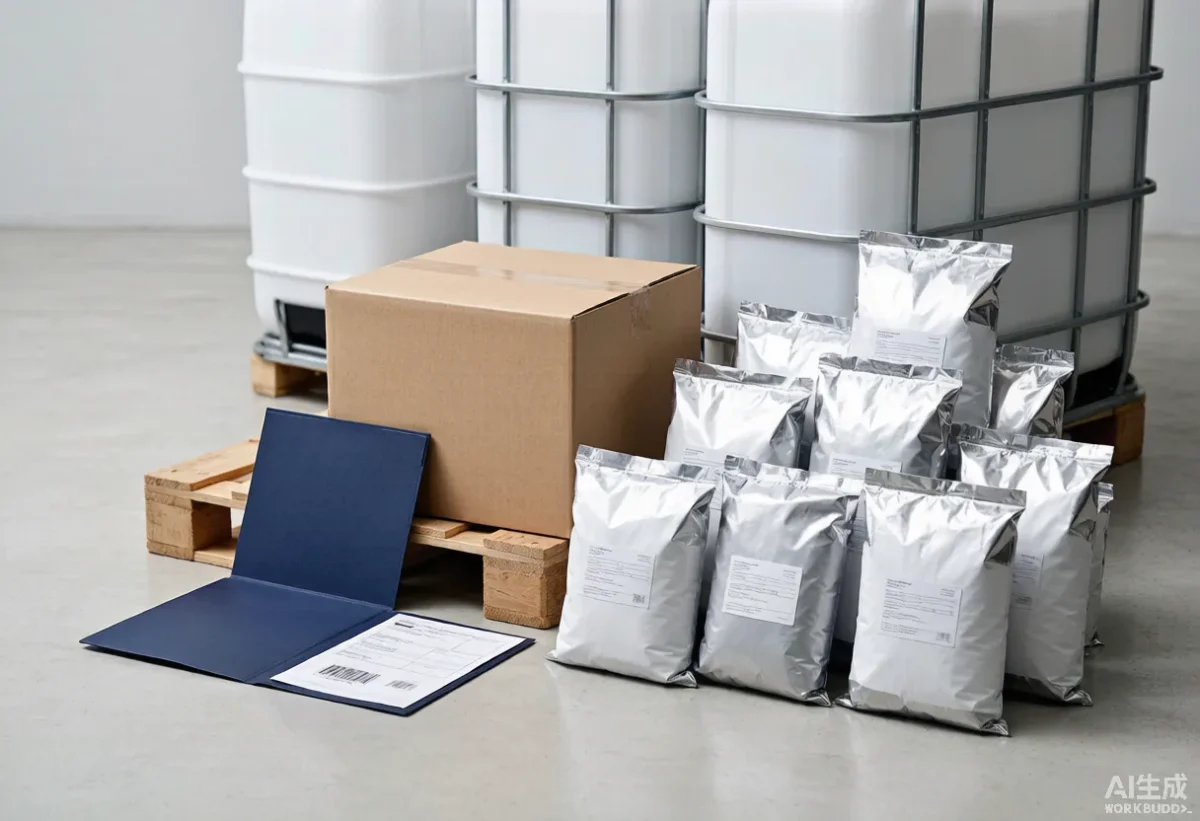 Export packing scene with drums, foil bags and shipping documents for bulk ingredients