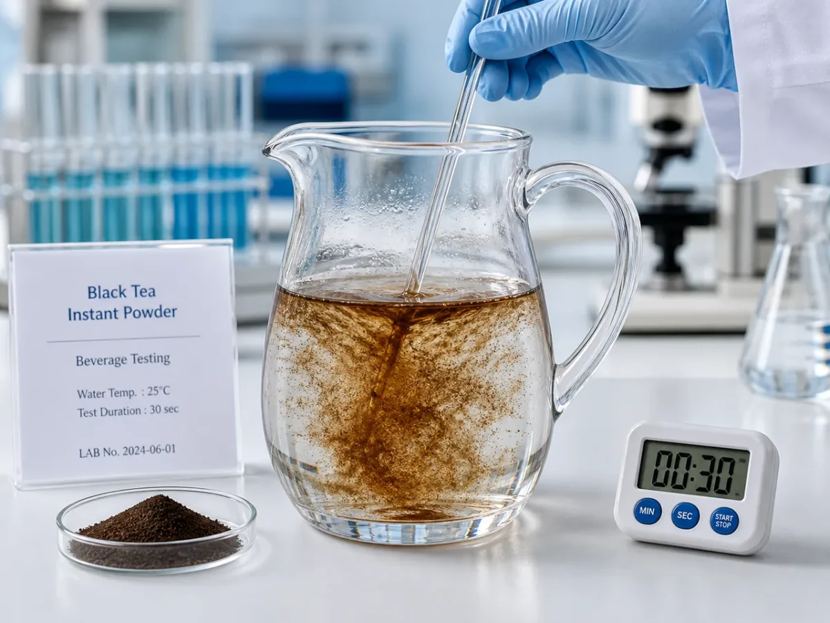 Cold water dispersion test of instant black tea powder in a glass pitcher with glass rod, no clumps, timer and dry powder dish on bench