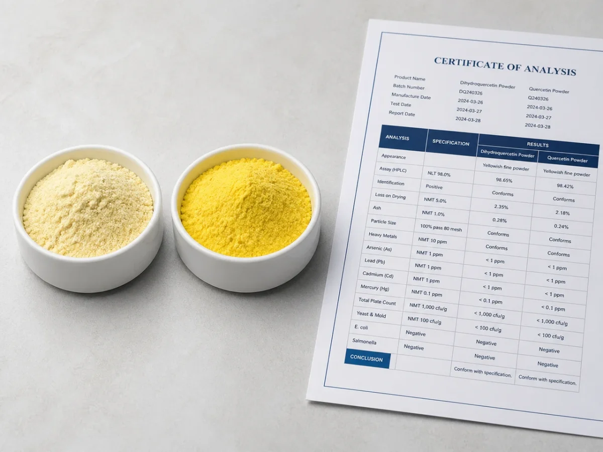 Dihydroquercetin and quercetin powder samples compared with COA documents for B2B sourcing