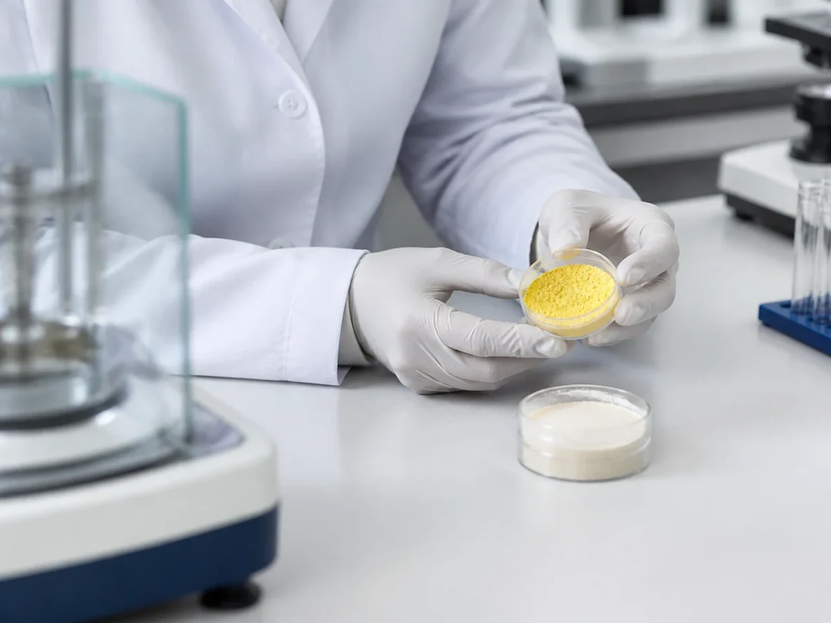 Lab technician inspecting dihydroquercetin and quercetin powder samples