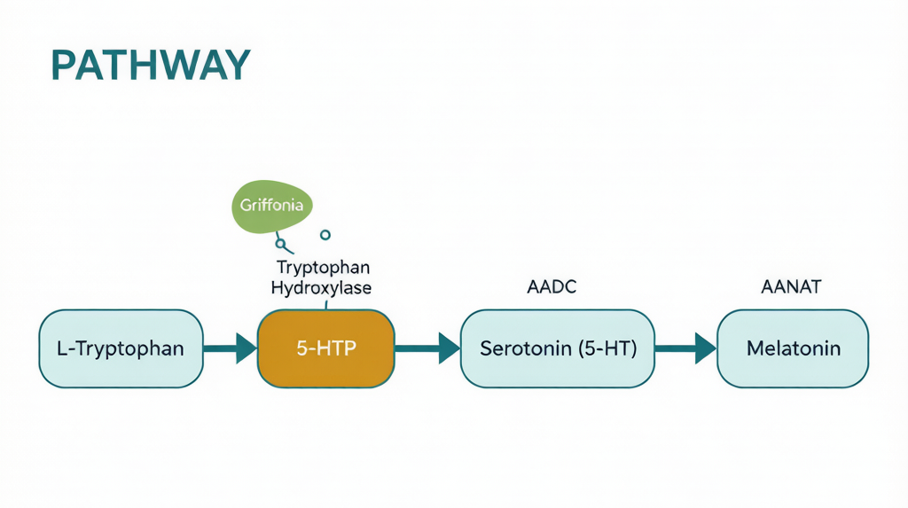 Tryptophan → 5-HTP → Serotonin → Melatonin:5-HTP acts as an upstream precursor in the serotonin synthesis pathway.