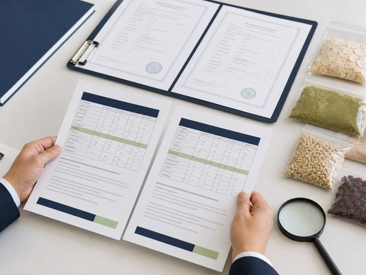 Comparing food ingredient supplier quotation tables and COA documents during procurement review