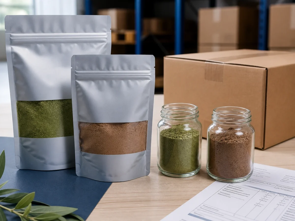 Food ingredient sample pouches, vials and packing list ready for export review