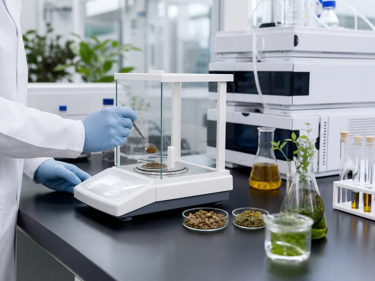 Quality control laboratory testing botanical extract samples with COA documentation