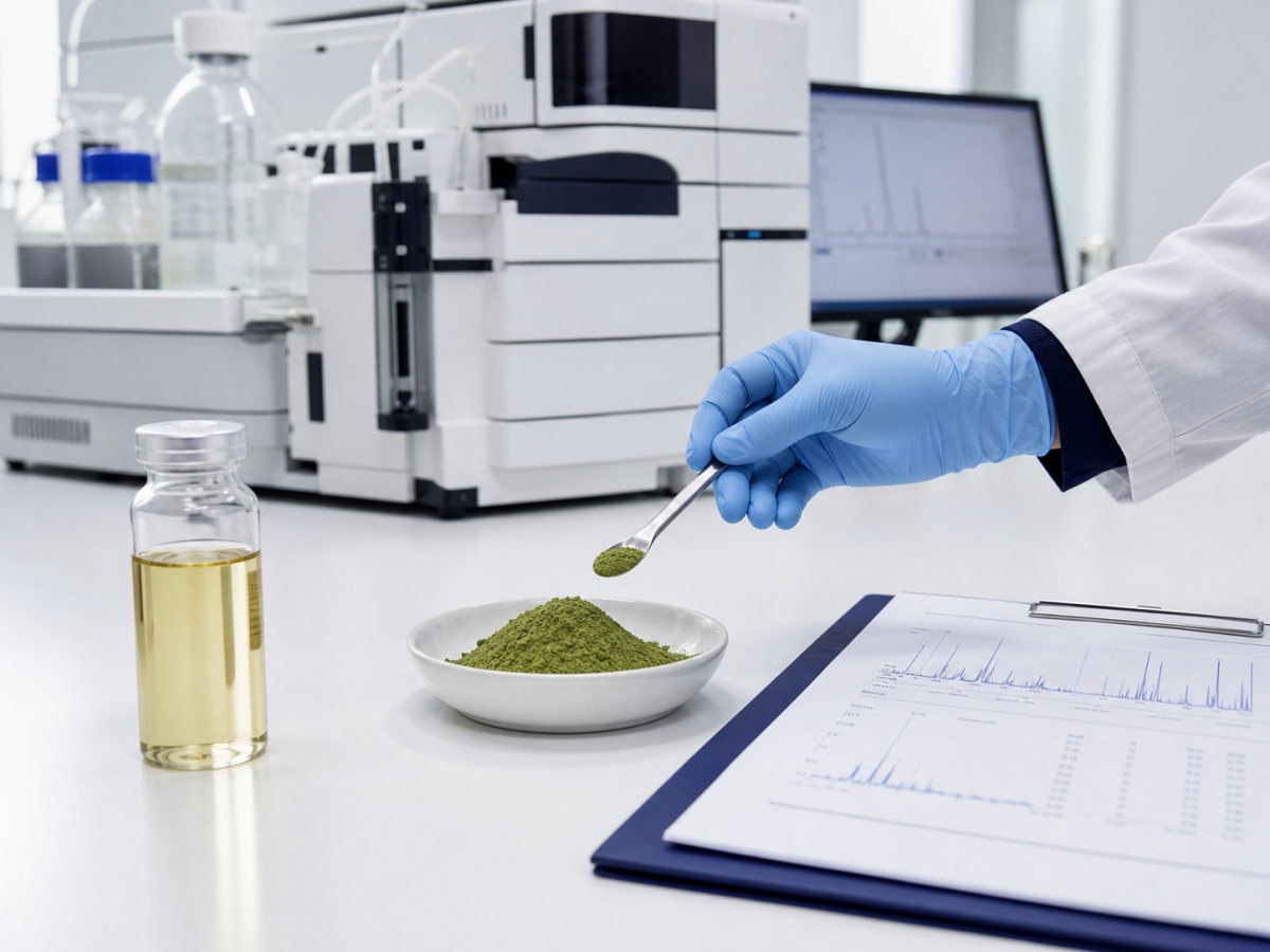 Quality-control laboratory scene with green tea extract powder being tested against COA parameters
